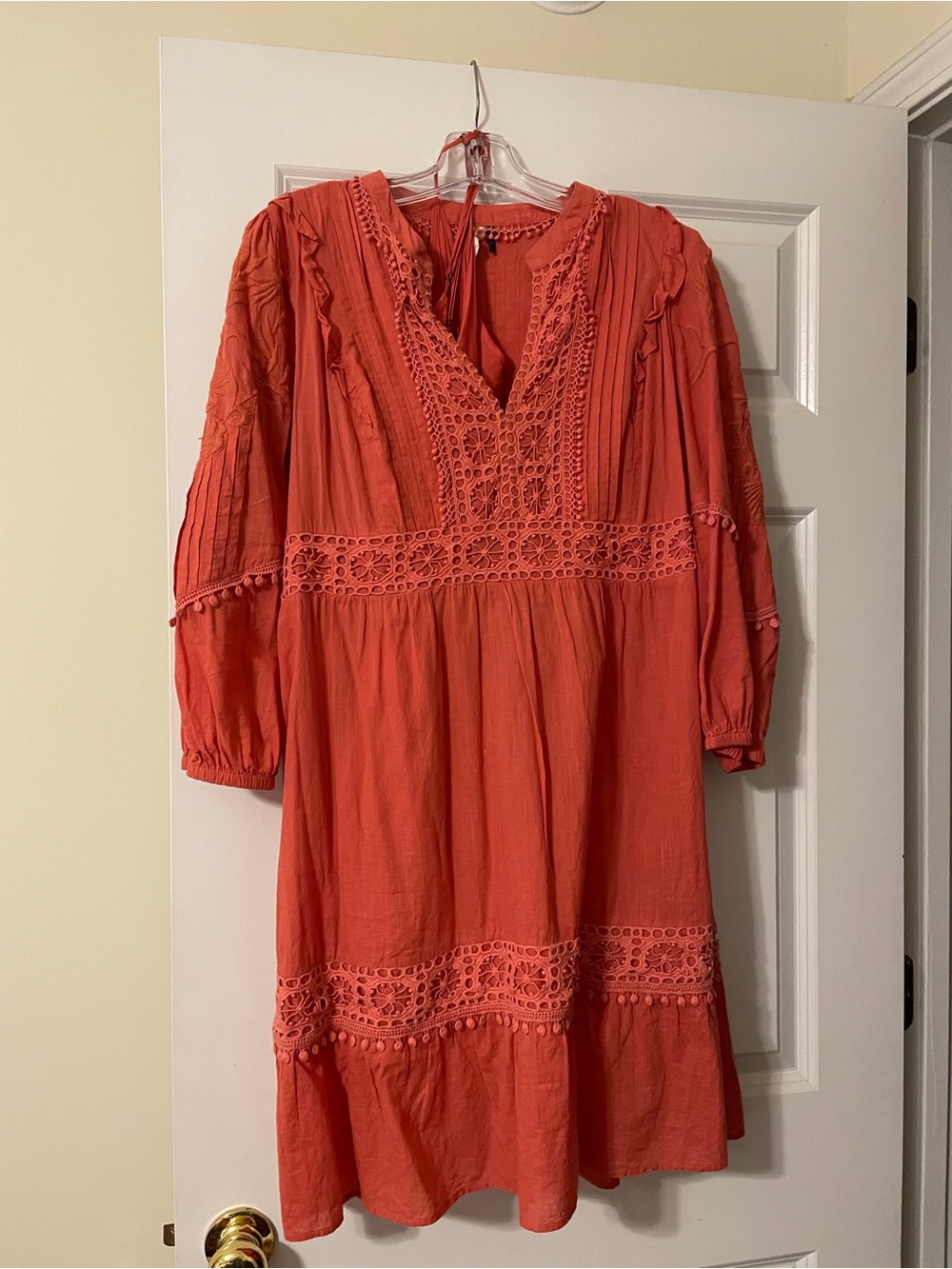 Anthropologie Coral Lace-Detail Long Sleeve Dress